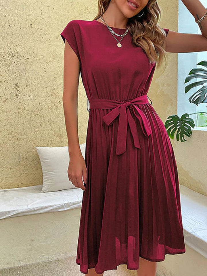 Women's Pleated Midi Fall Wedding Guest Dress Belted Cap-Sleeve