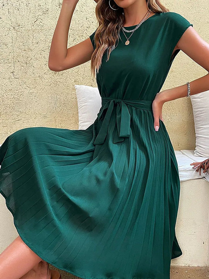 Women's Pleated Midi Fall Wedding Guest Dress Belted Cap-Sleeve