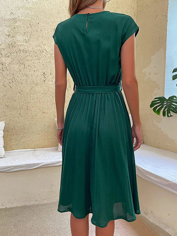 Women's Pleated Midi Fall Wedding Guest Dress Belted Cap-Sleeve
