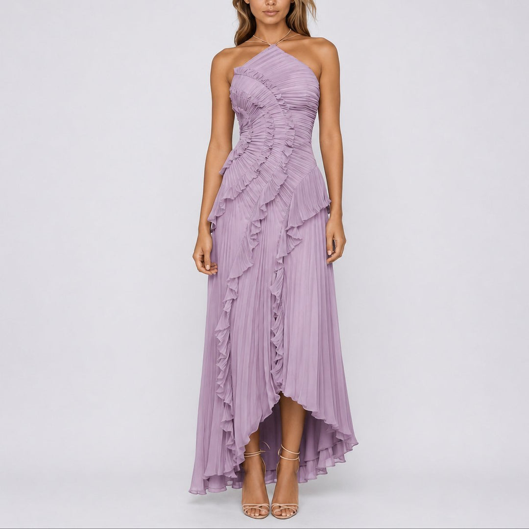 Women's Pleated Ruffle Halter Maxi Fall Wedding Guest Dress