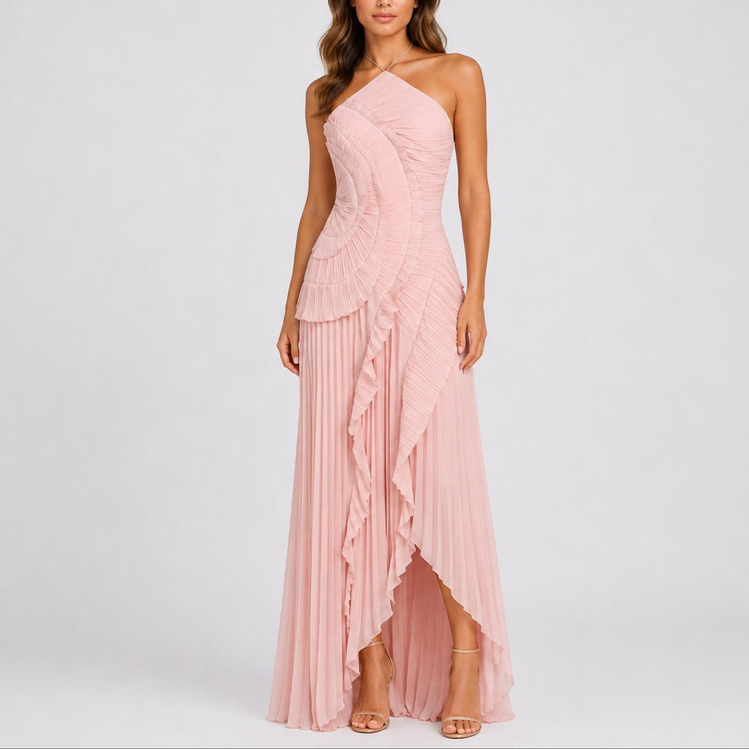 Women's Pleated Ruffle Halter Maxi Fall Wedding Guest Dress