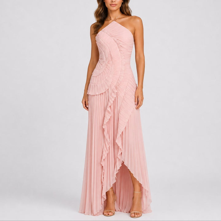 Women's Pleated Ruffle Halter Maxi Fall Wedding Guest Dress