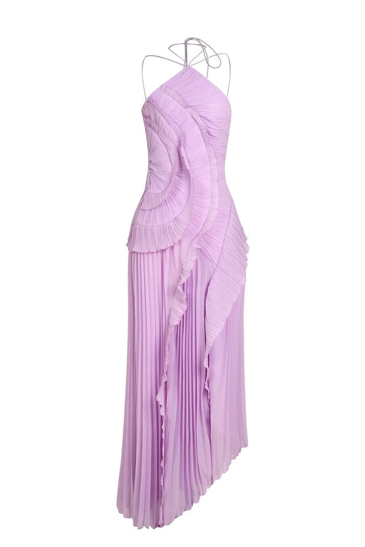 Women's Pleated Ruffle Halter-Neck Fall Wedding Guest Dress Maxi