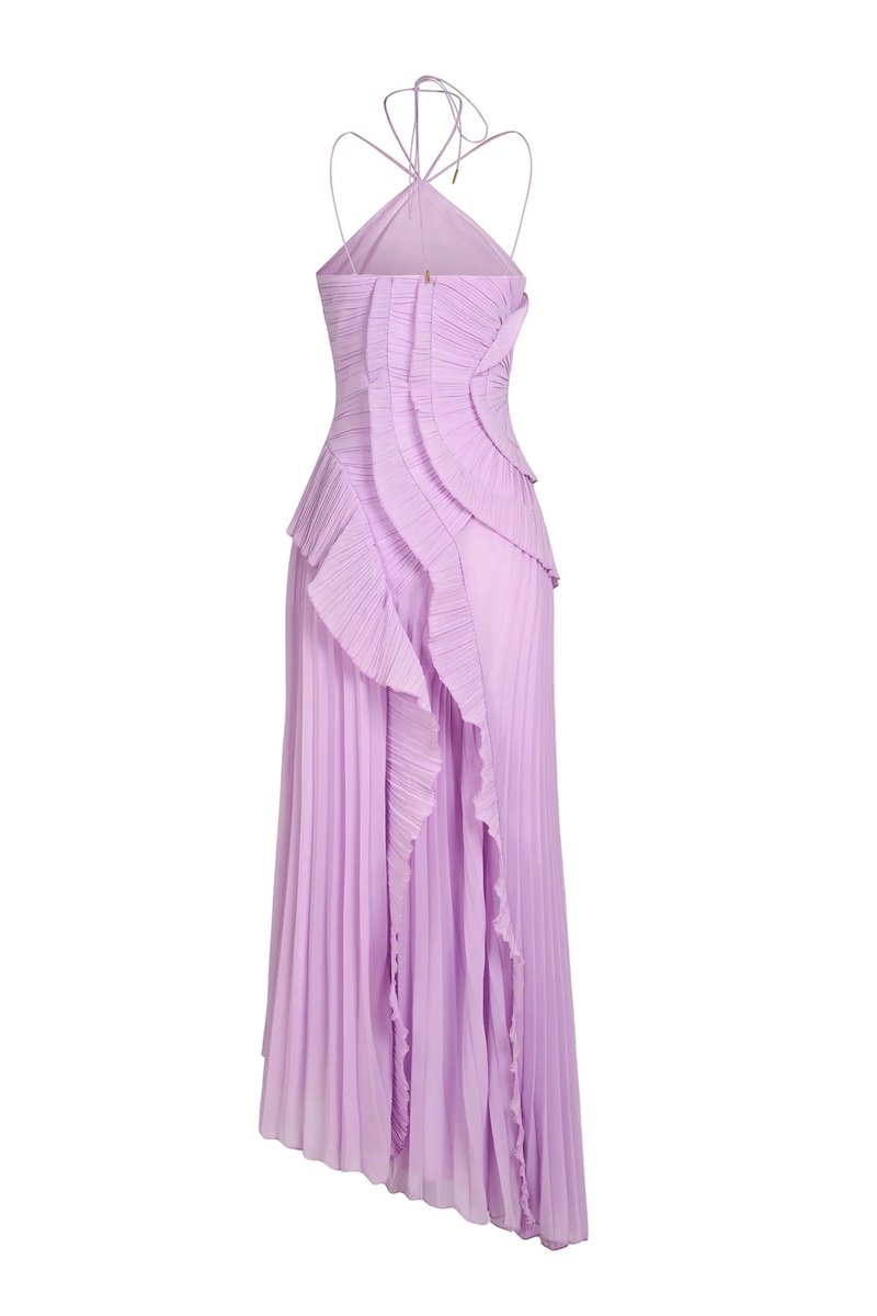 Women's Pleated Ruffle Halter-Neck Fall Wedding Guest Dress Maxi