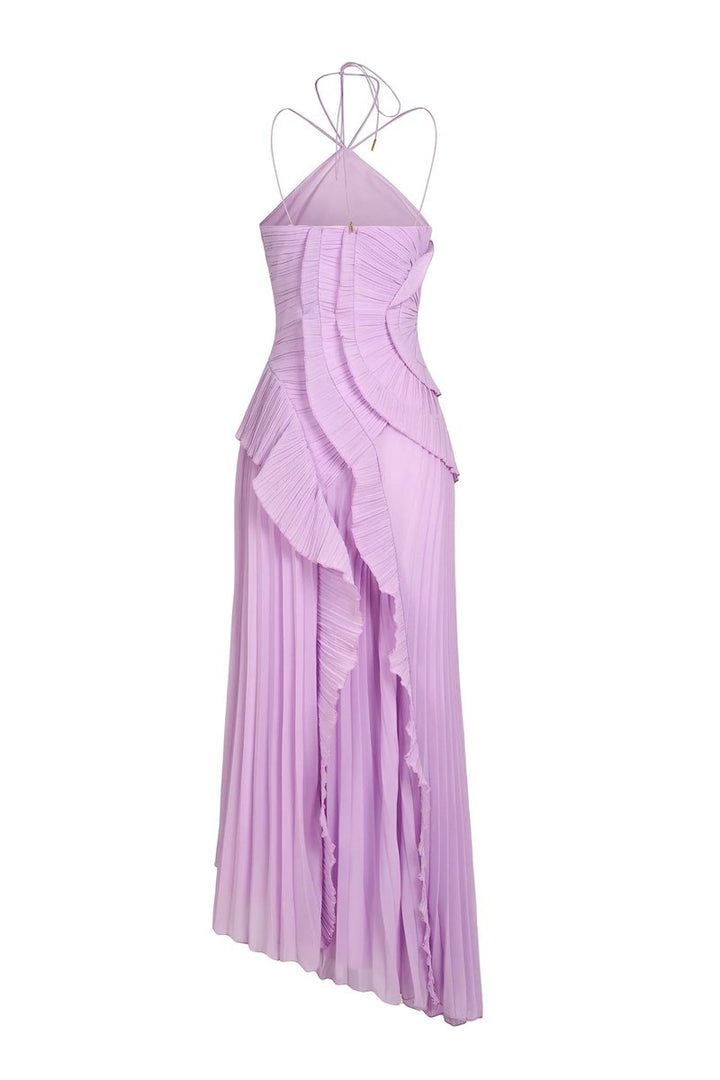 Women's Pleated Ruffle Halter-Neck Fall Wedding Guest Dress Maxi