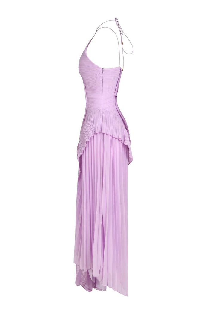 Women's Pleated Ruffle Halter-Neck Fall Wedding Guest Dress Maxi
