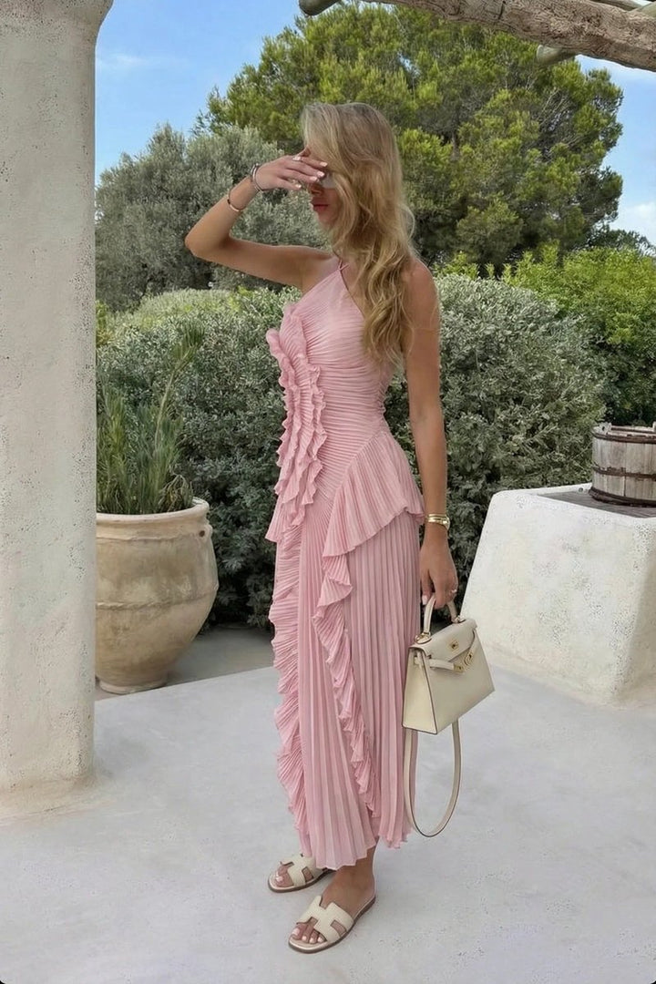 Women's Pleated Ruffle Halter-Neck Fall Wedding Guest Dress Maxi