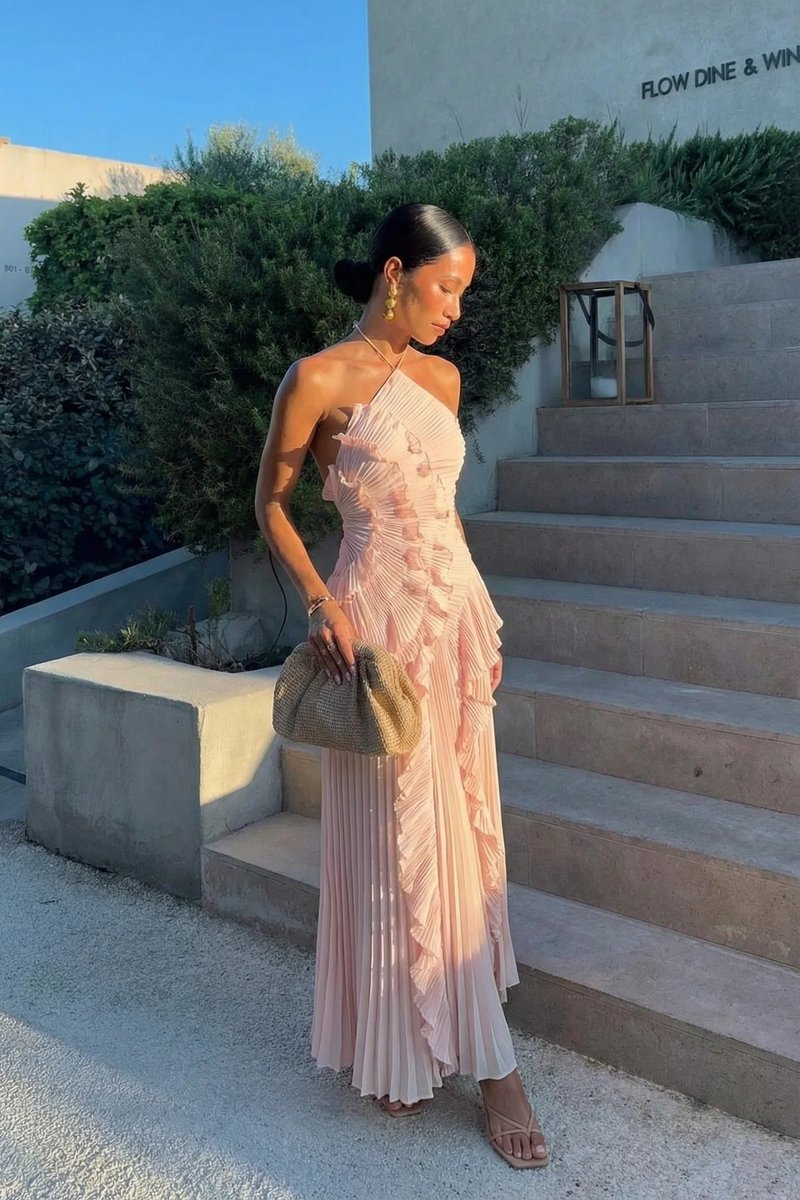 Women's Pleated Ruffle Halter-Neck Fall Wedding Guest Dress Maxi