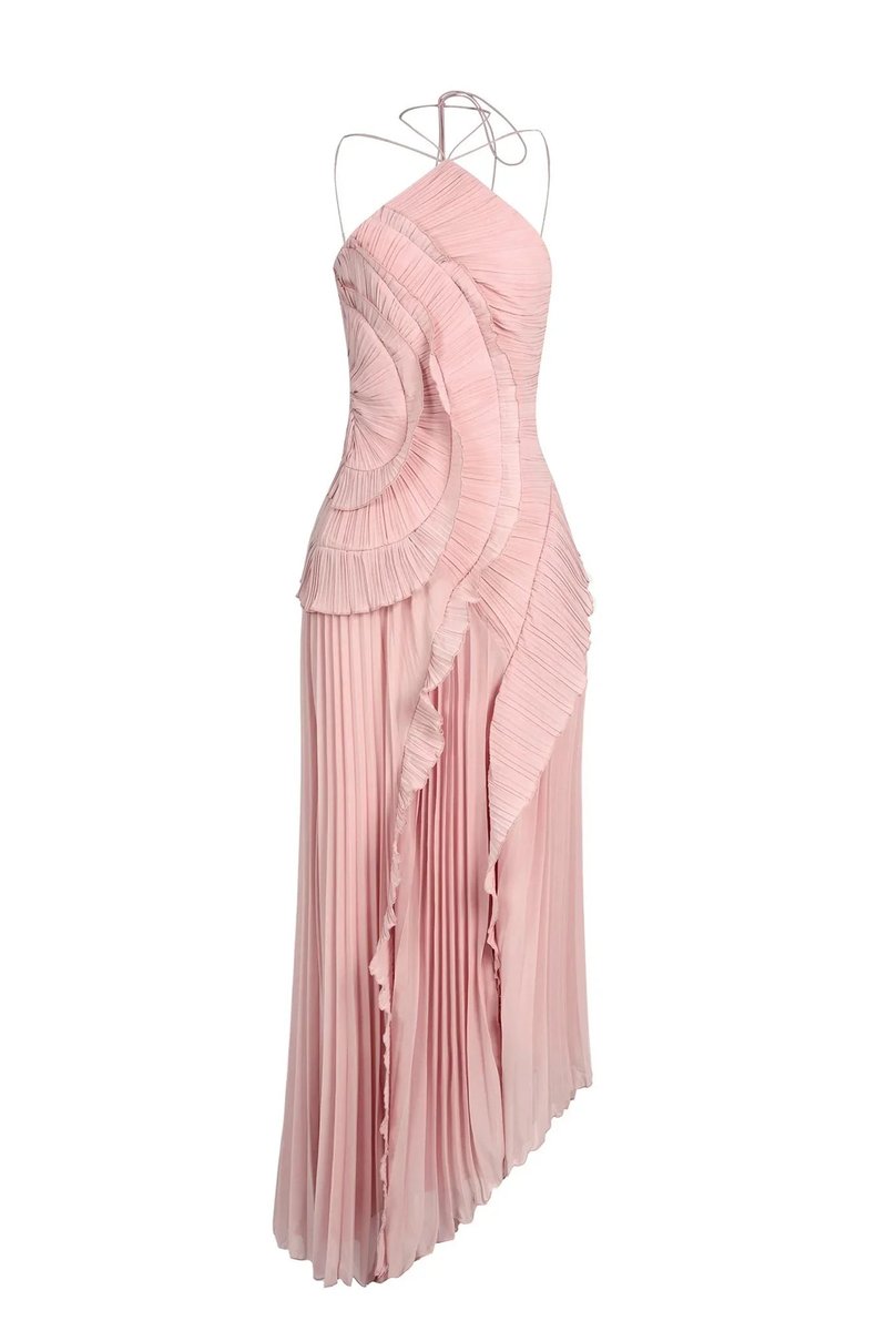 Women's Pleated Ruffle Halter-Neck Fall Wedding Guest Dress Maxi