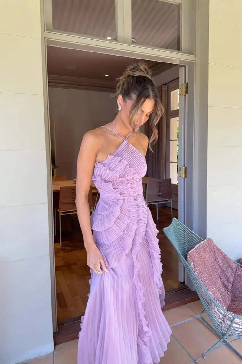 Women's Pleated Ruffle Halter-Neck Fall Wedding Guest Dress Maxi