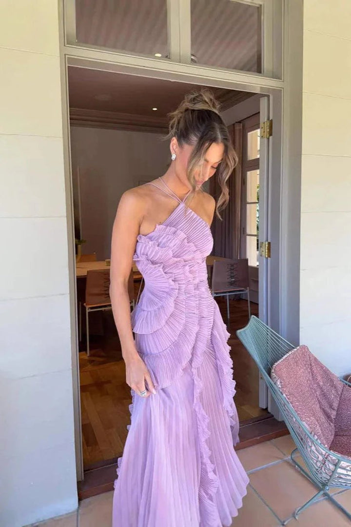 Women's Pleated Ruffle Halter-Neck Fall Wedding Guest Dress Maxi