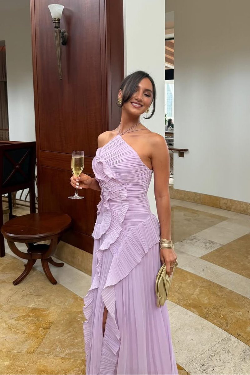 Women's Pleated Ruffle Halter-Neck Fall Wedding Guest Dress Maxi