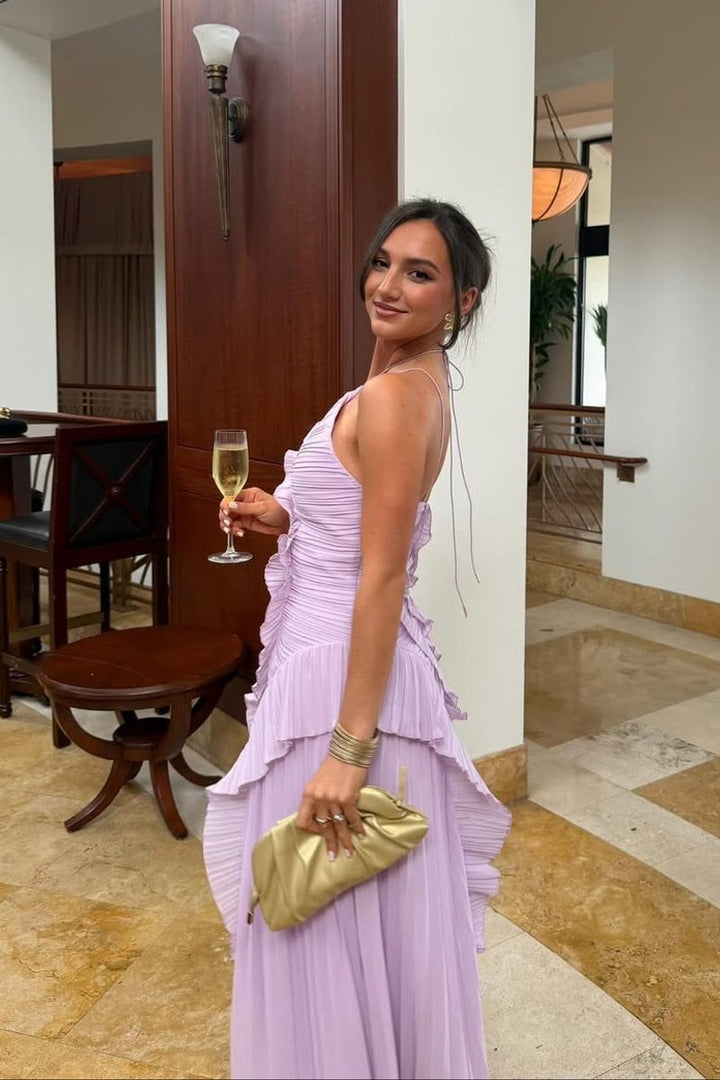 Women's Pleated Ruffle Halter-Neck Fall Wedding Guest Dress Maxi