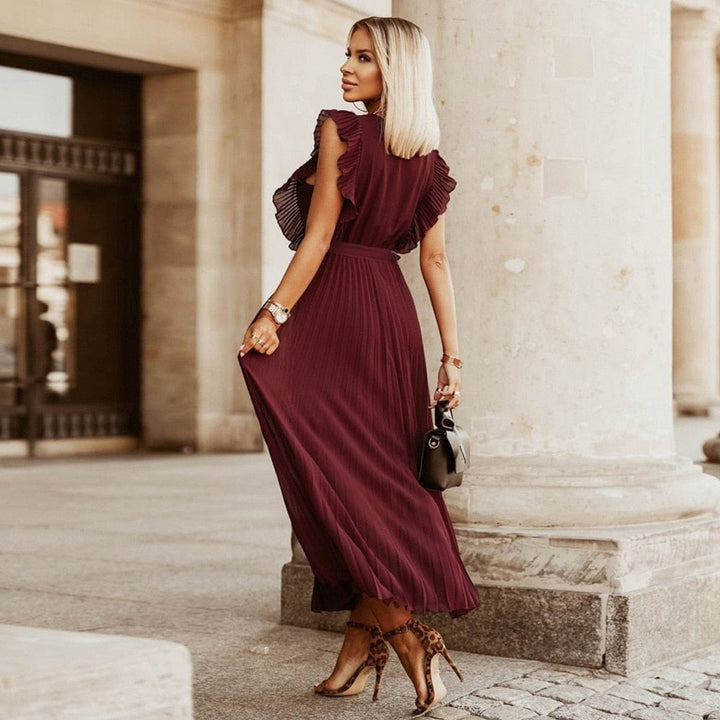 Women's Pleated Ruffle-Sleeve V-Neck Boho Maxi Formal Dress