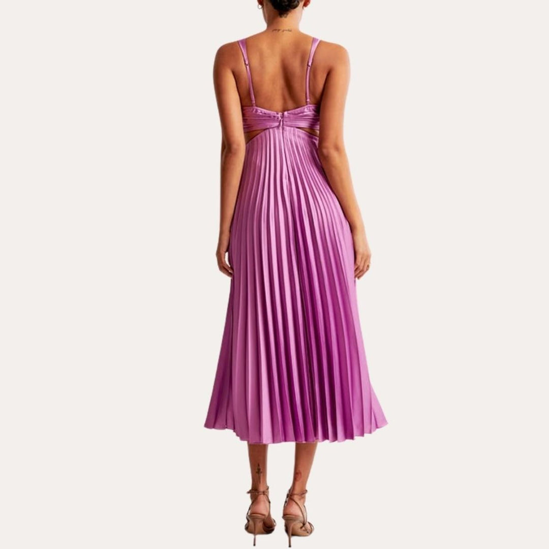 Women's Pleated Satin Sleeveless Cut-Out Fall Midi Dress