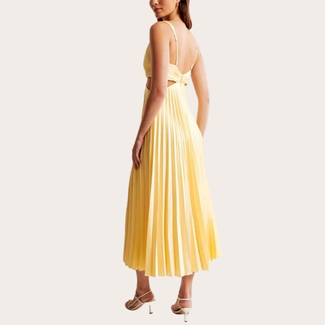 Women's Pleated Satin Sleeveless Cut-Out Fall Midi Dress