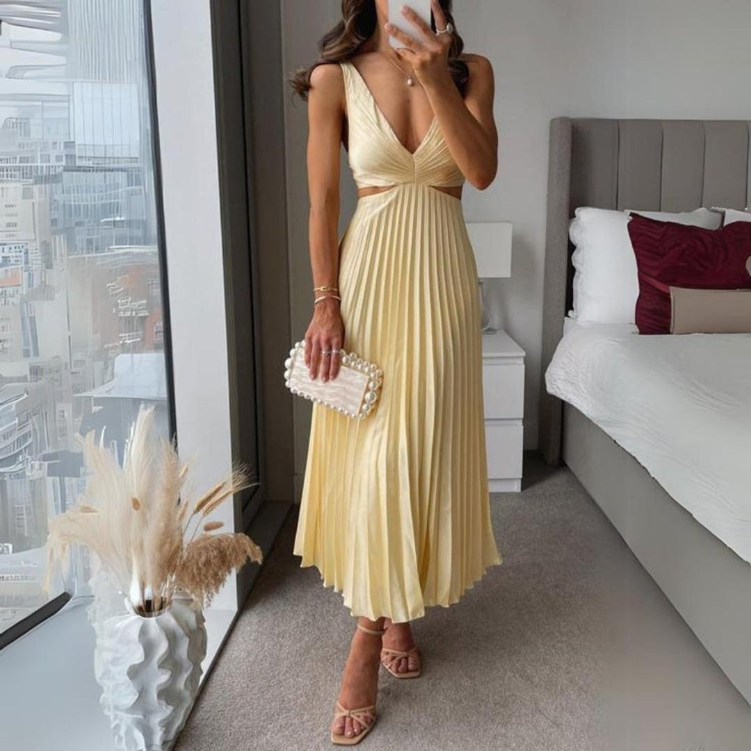 Women's Pleated Satin Sleeveless Cut-Out Fall Midi Dress