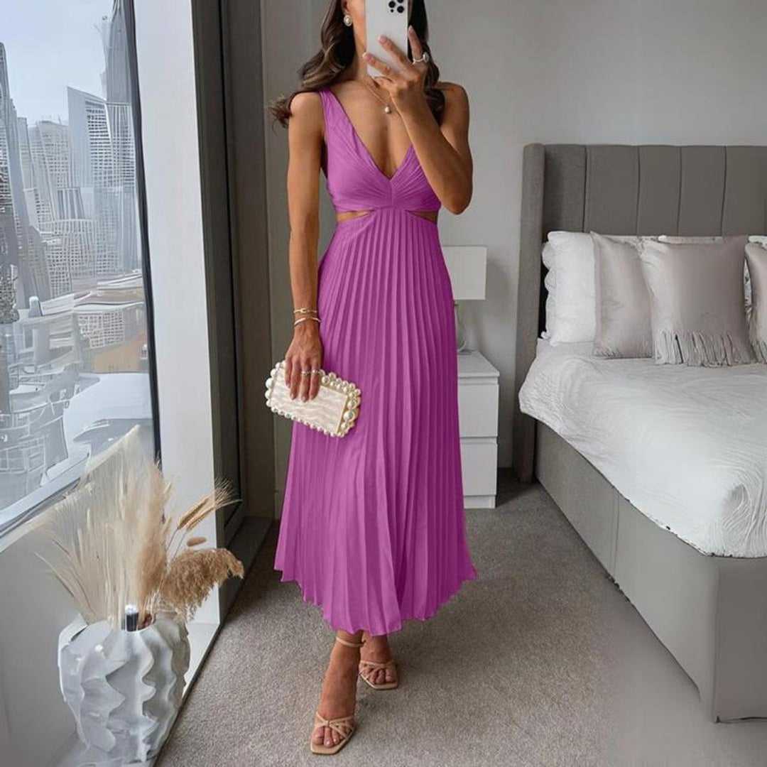 Women's Pleated Satin Sleeveless Cut-Out Fall Midi Dress