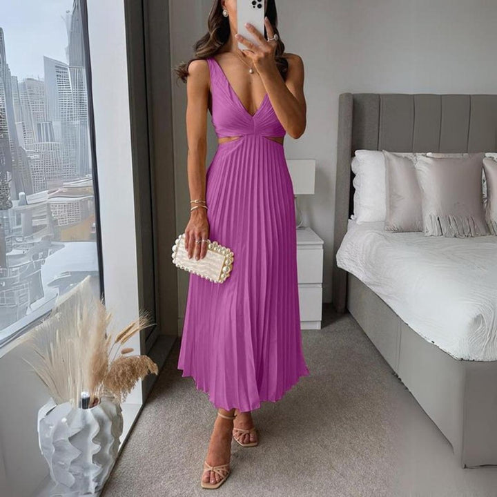 Women's Pleated Satin Sleeveless Cut-Out Fall Midi Dress