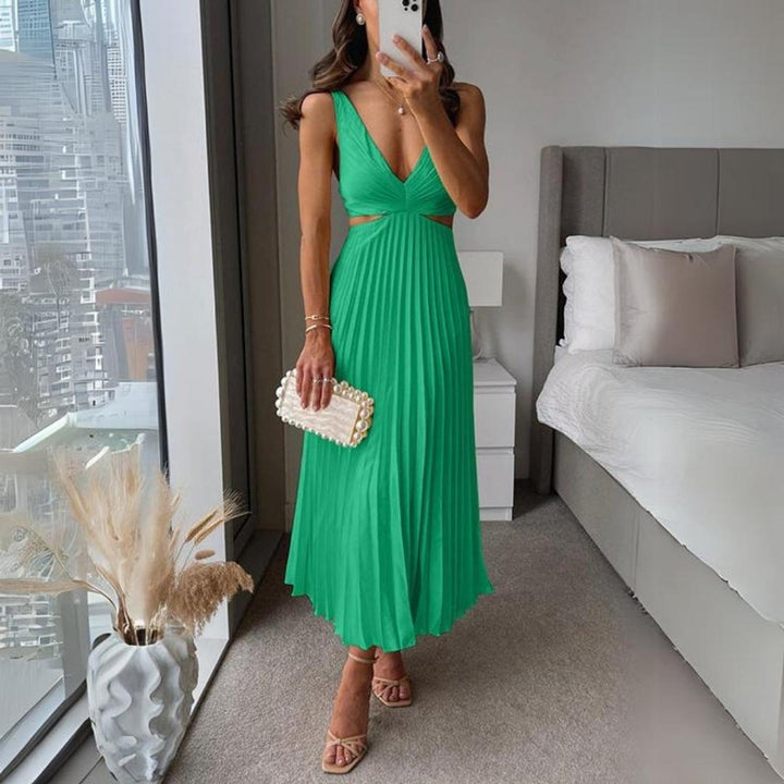 Women's Pleated Satin Sleeveless Cut-Out Fall Midi Dress