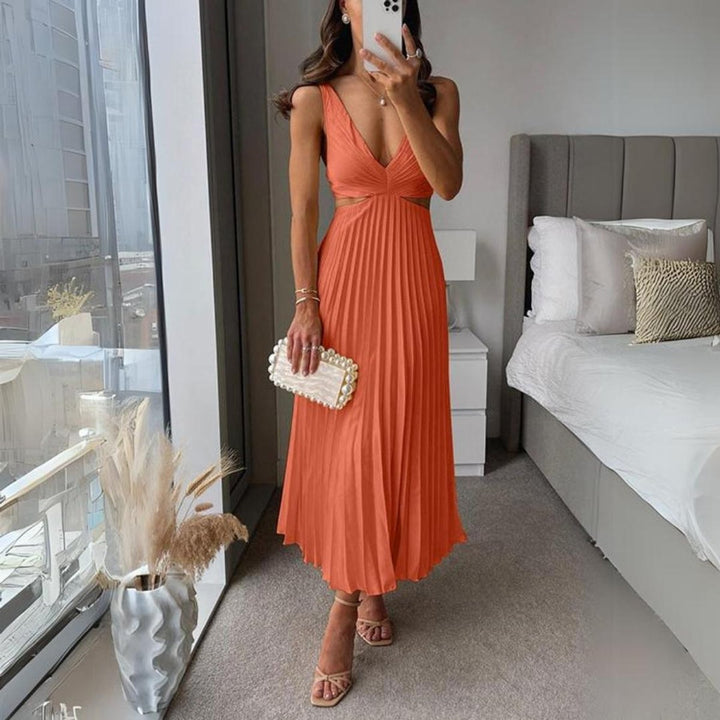 Women's Pleated Satin Sleeveless Cut-Out Fall Midi Dress