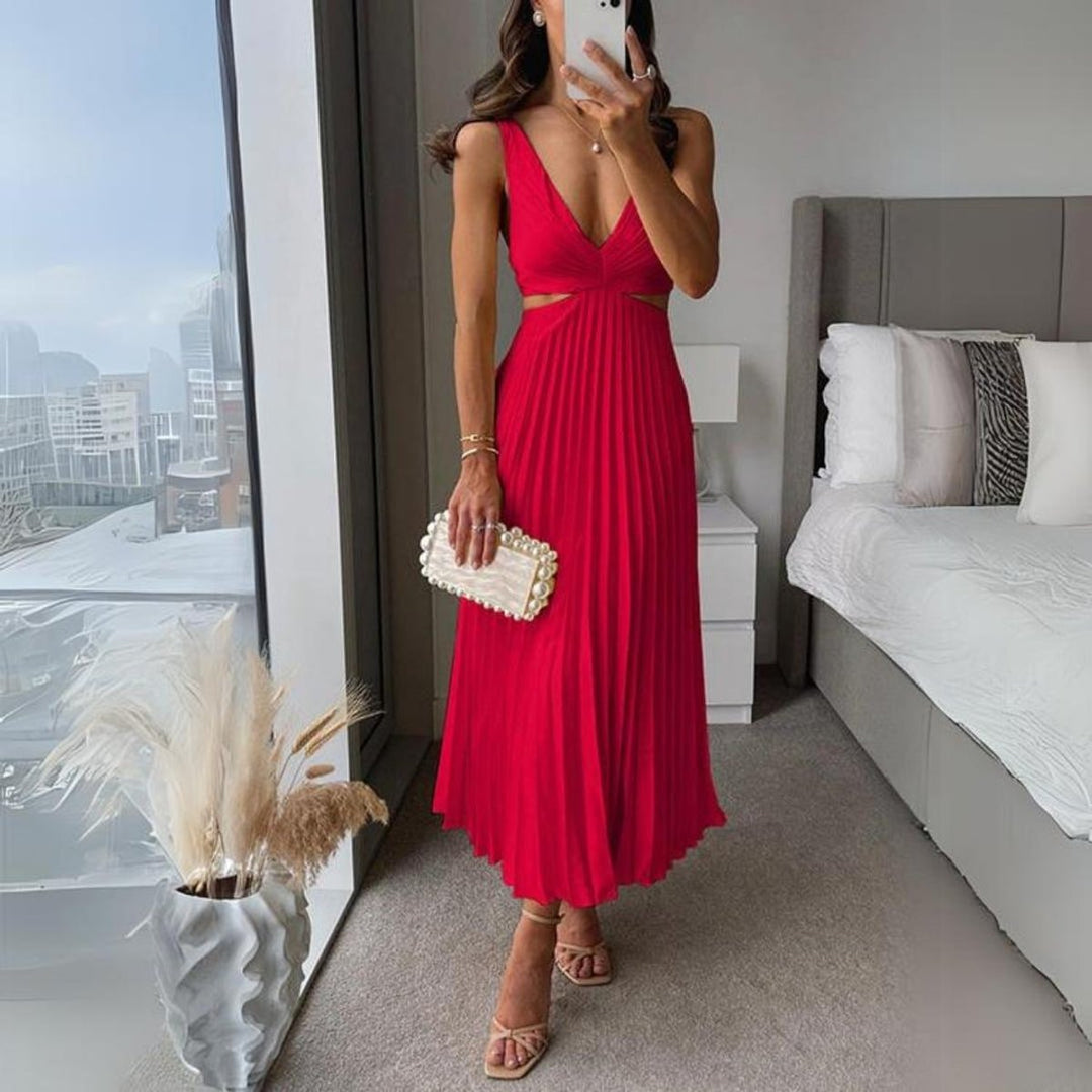 Women's Pleated Satin Sleeveless Cut-Out Fall Midi Dress