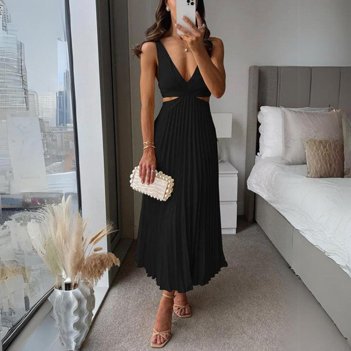 Women's Pleated Satin Sleeveless Cut-Out Fall Midi Dress