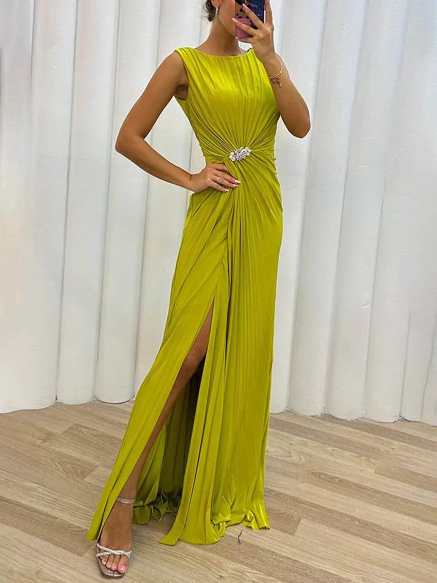 Women's Pleated Sleeveless Maxi Formal Dress Front Slit Jewel Waist