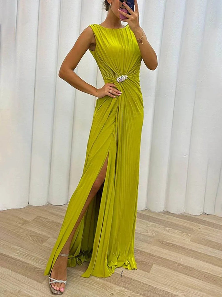 Women's Pleated Sleeveless Maxi Formal Dress Front Slit Jewel Waist