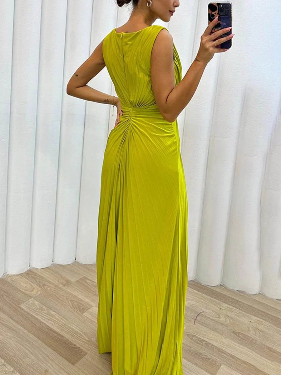 Women's Pleated Sleeveless Maxi Formal Dress Front Slit Jewel Waist