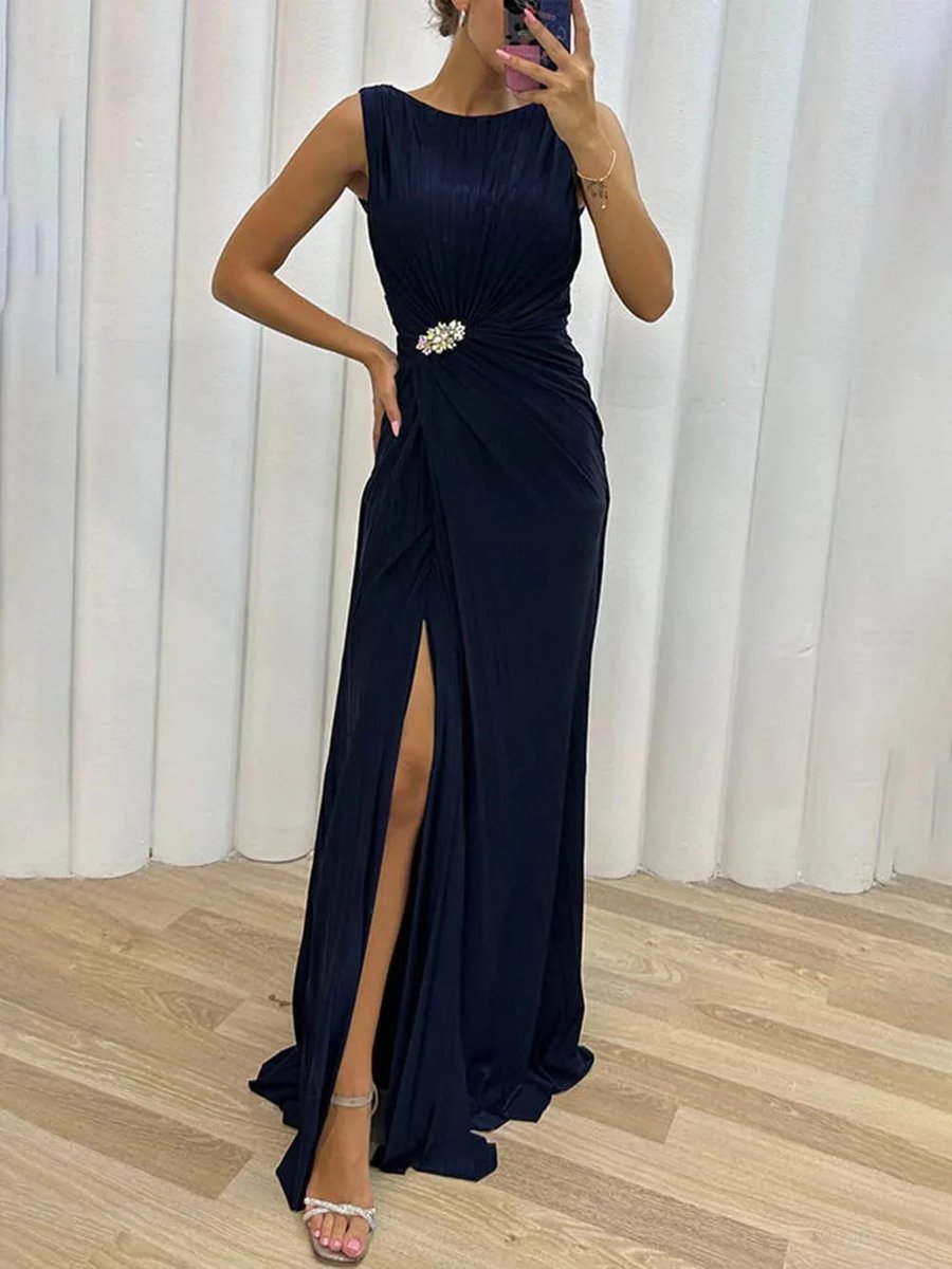 Women's Pleated Sleeveless Maxi Formal Dress Front Slit Jewel Waist