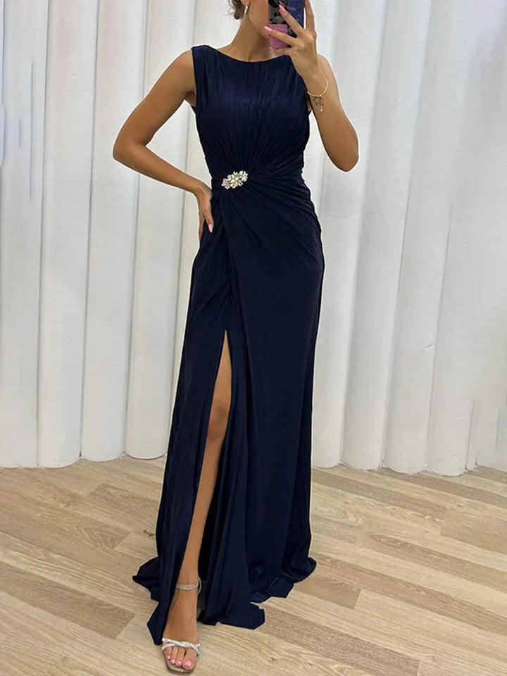 Women's Pleated Sleeveless Maxi Formal Dress Front Slit Jewel Waist
