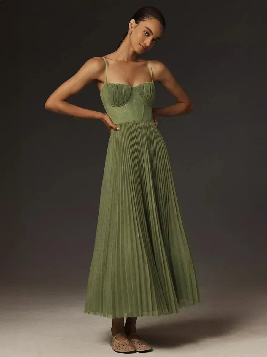 Women's Pleated Tulle Bustier Fall Midi Dress