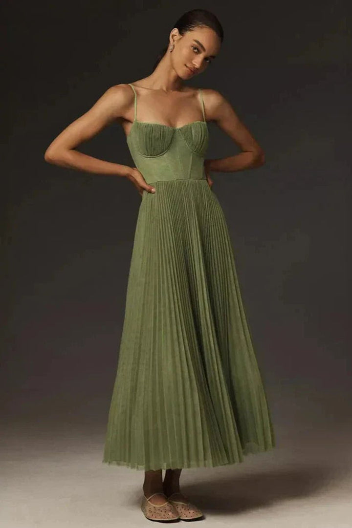 Women's Pleated Tulle Bustier Midi Formal Dress