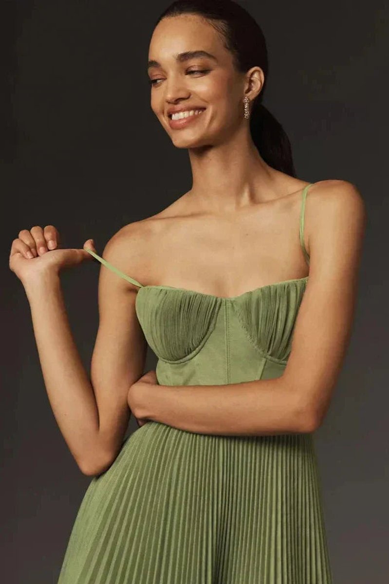 Women's Pleated Tulle Bustier Midi Formal Dress