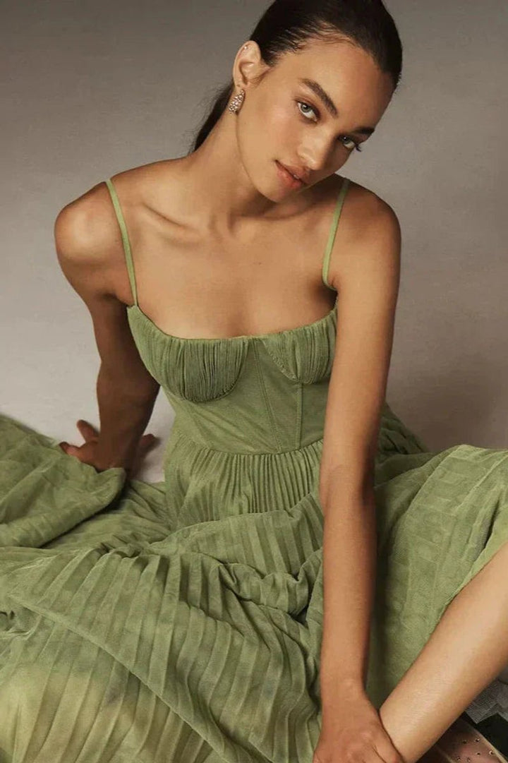 Women's Pleated Tulle Bustier Midi Formal Dress