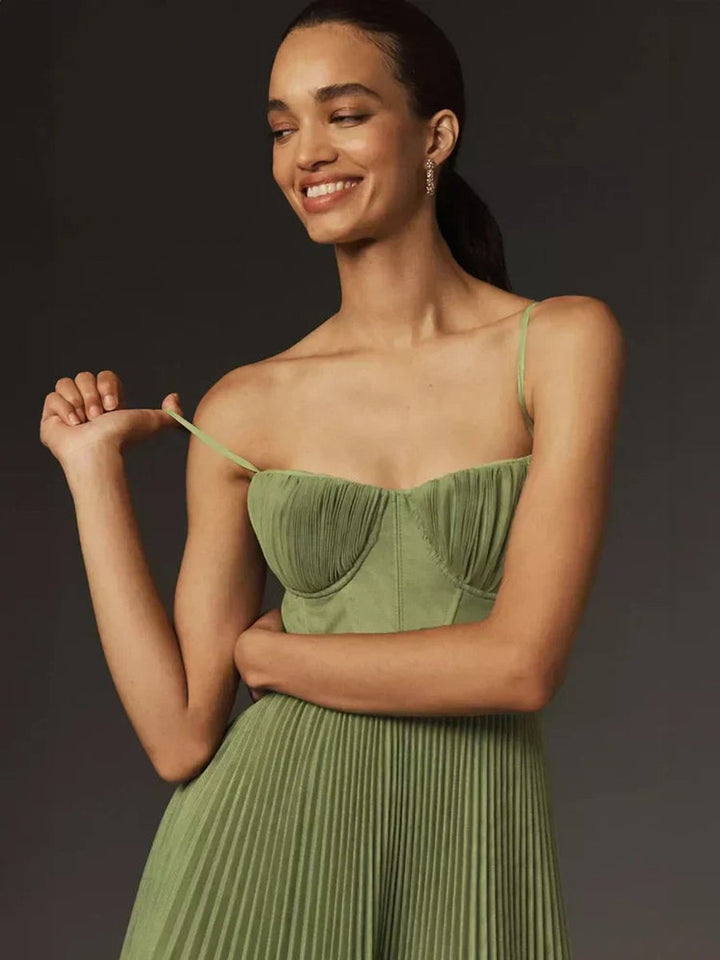 Women's Pleated Tulle Corset Bodice Fall Midi Dress