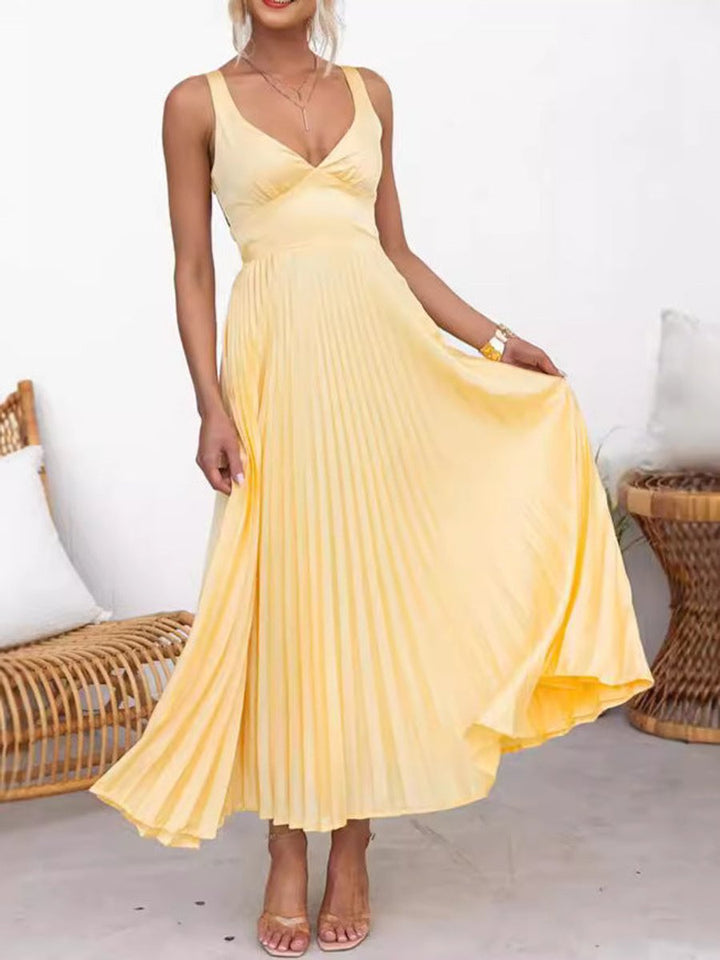 Women's Pleated V-Neck A-Line Fall Midi Dress
