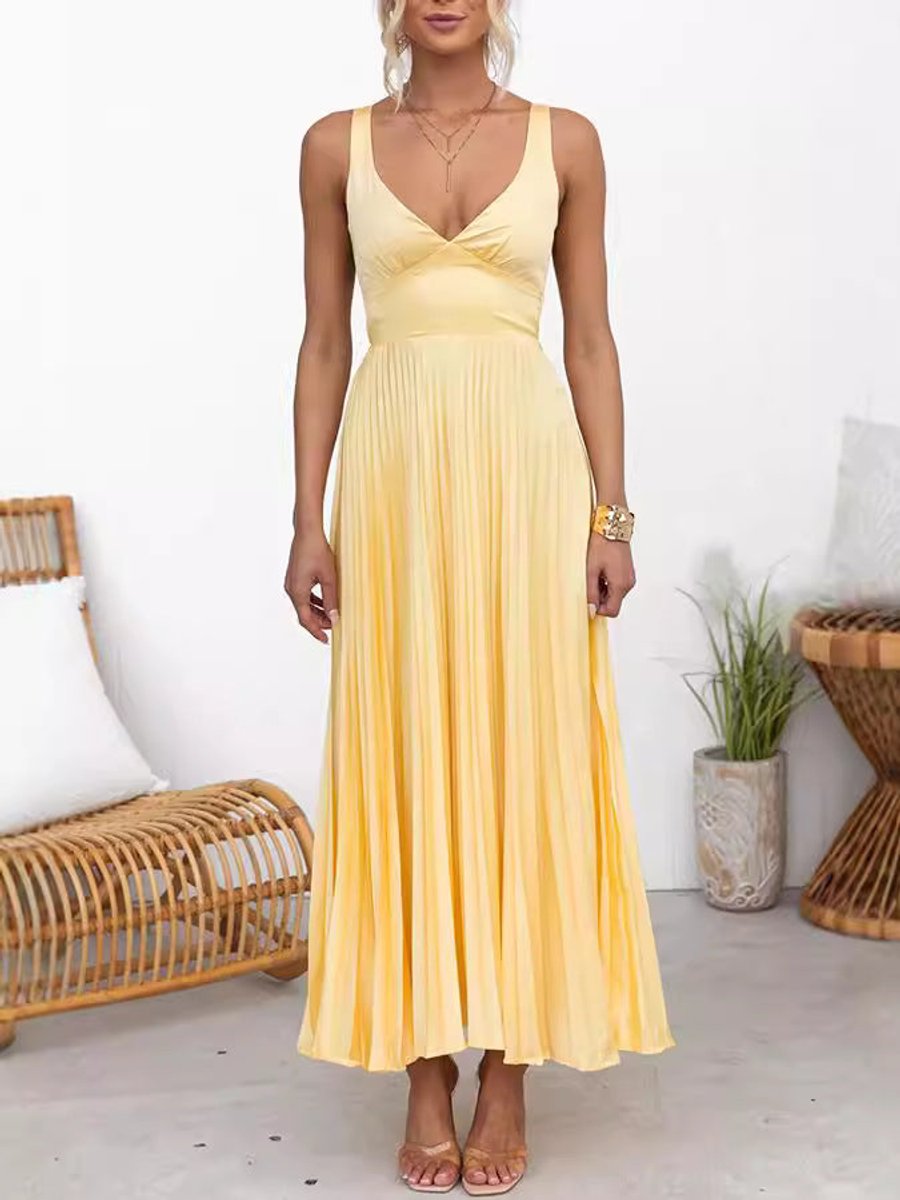 Women's Pleated V-Neck A-Line Fall Midi Dress
