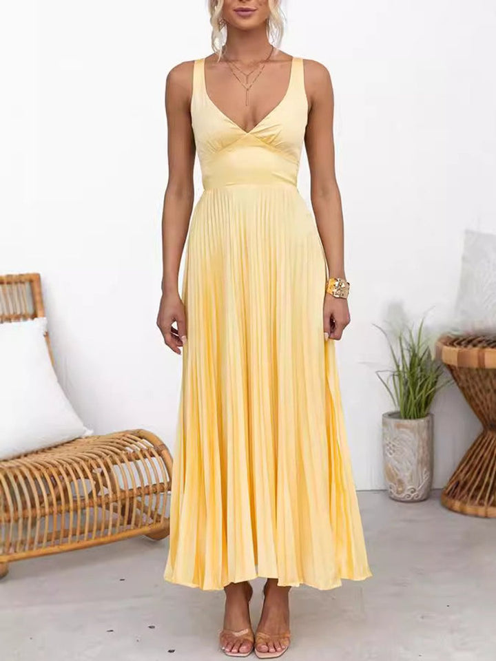 Women's Pleated V-Neck A-Line Fall Midi Dress