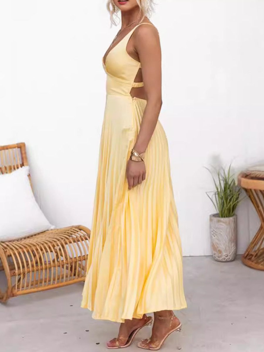 Women's Pleated V-Neck A-Line Fall Midi Dress