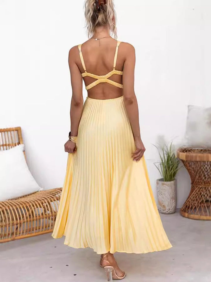 Women's Pleated V-Neck A-Line Fall Midi Dress
