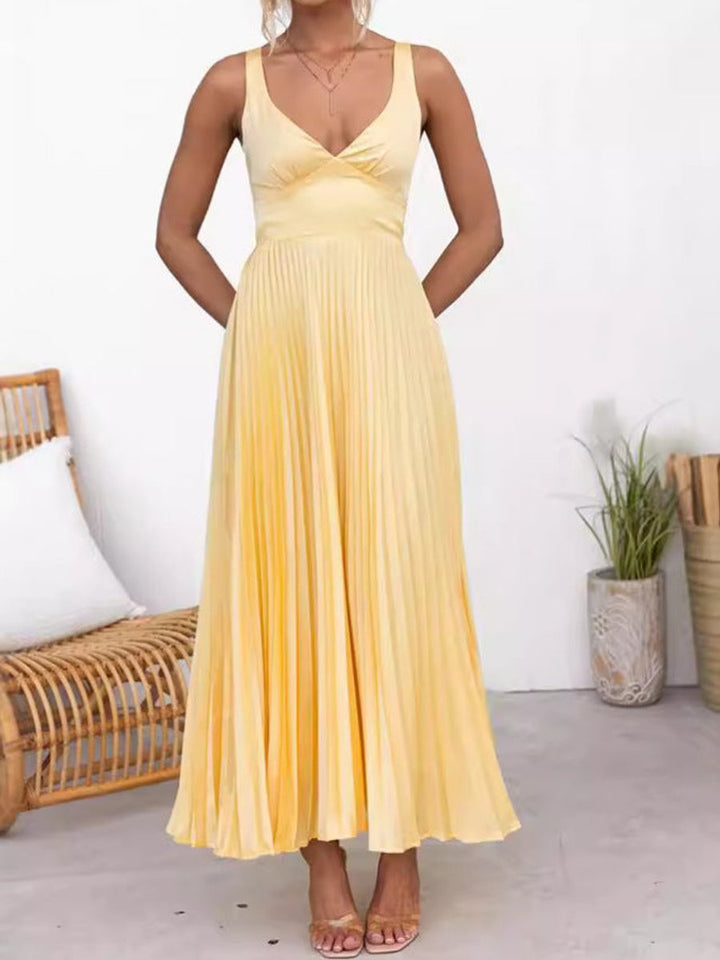 Women's Pleated V-Neck A-Line Fall Midi Dress