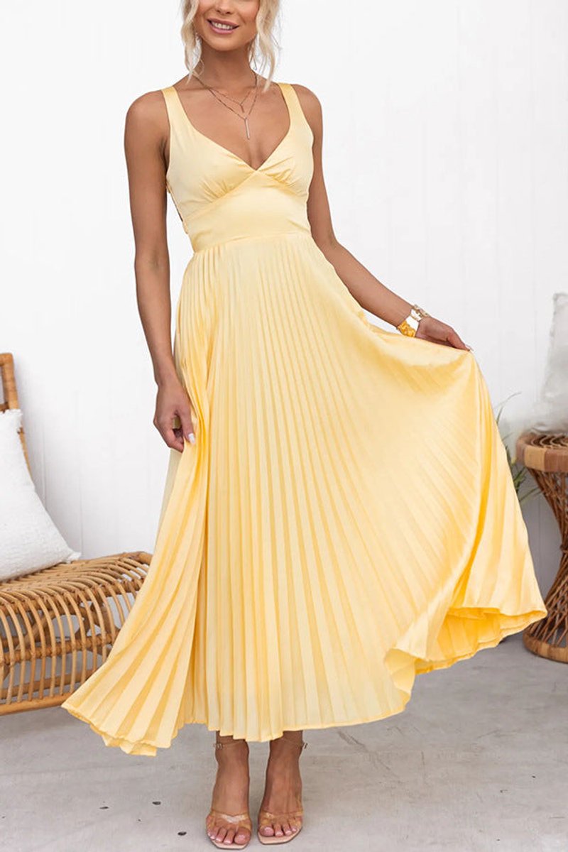 Women's Pleated V-Neck A-Line Fall Midi Dress