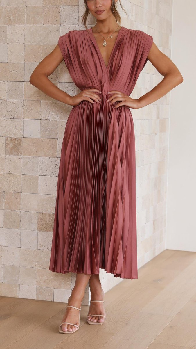Women's Pleated V-Neck Cap-Sleeve Fall Wedding Guest Dress Midi