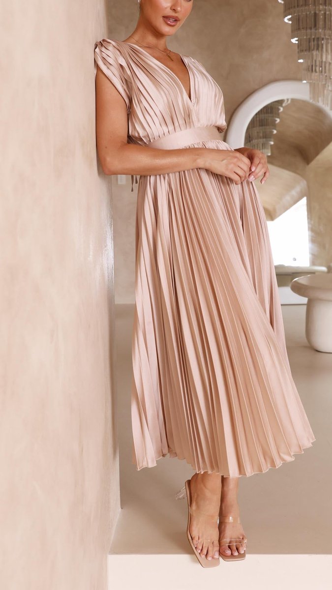 Women's Pleated V-Neck Cap-Sleeve Fall Wedding Guest Dress Midi