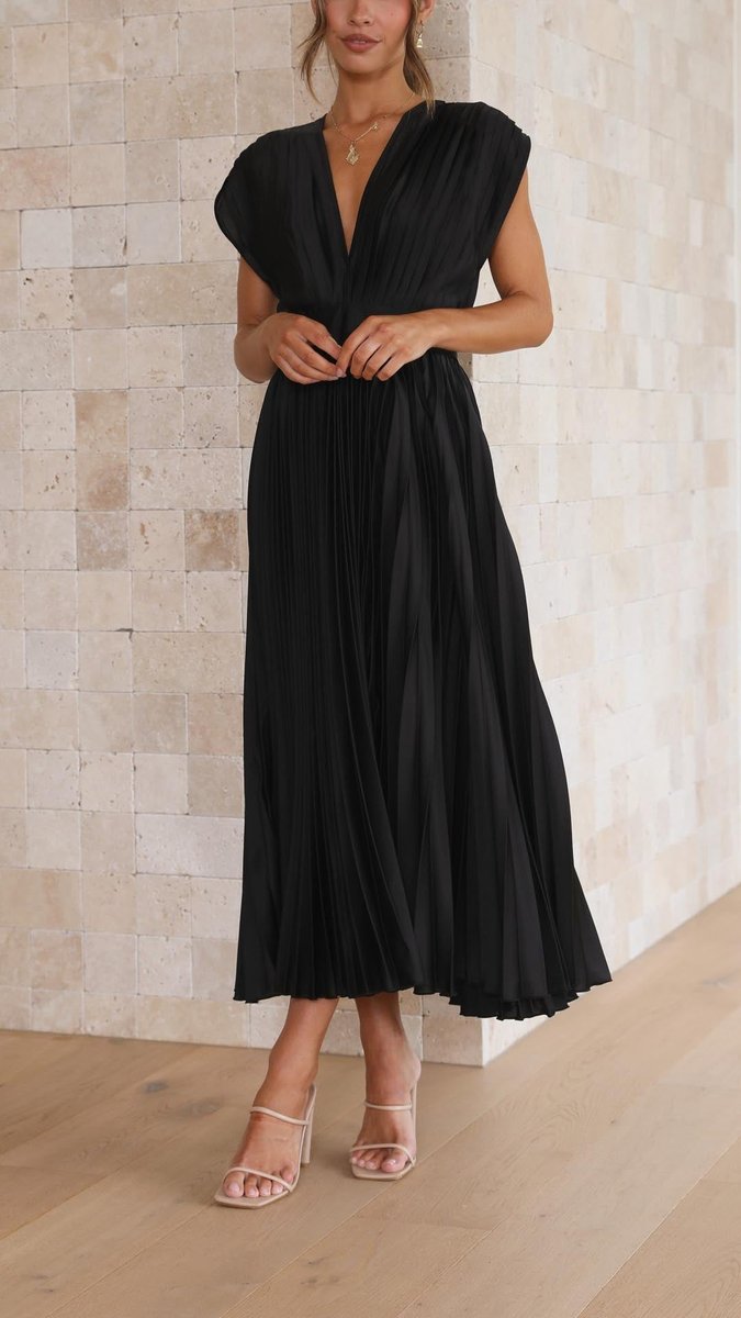 Women's Pleated V-Neck Cap-Sleeve Fall Wedding Guest Dress Midi