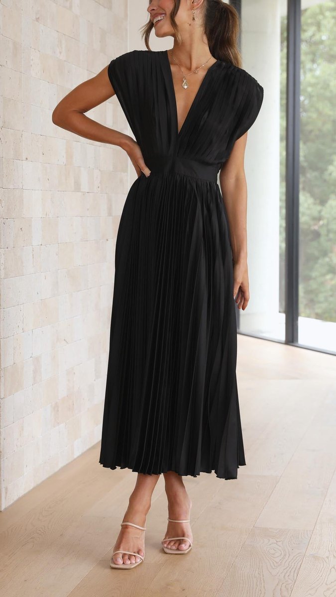 Women's Pleated V-Neck Cap-Sleeve Fall Wedding Guest Dress Midi