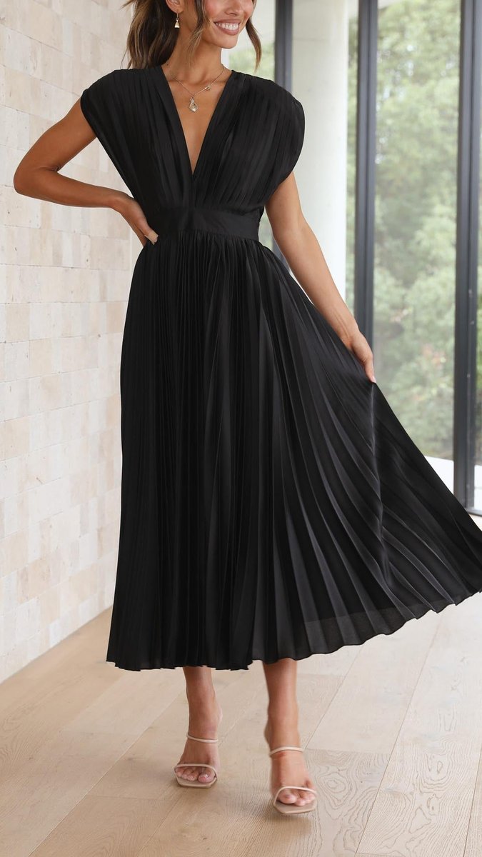 Women's Pleated V-Neck Cap-Sleeve Fall Wedding Guest Dress Midi