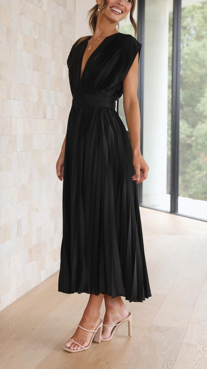 Women's Pleated V-Neck Cap-Sleeve Fall Wedding Guest Dress Midi